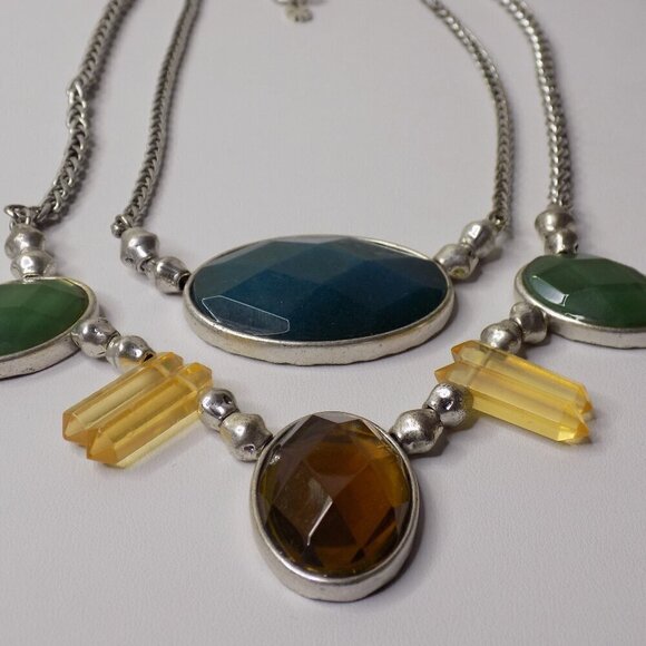 Lucky Brand Quartz Necklace Silver Tone Teal Amber Colored Two Row Reversible - Picture 5 of 9